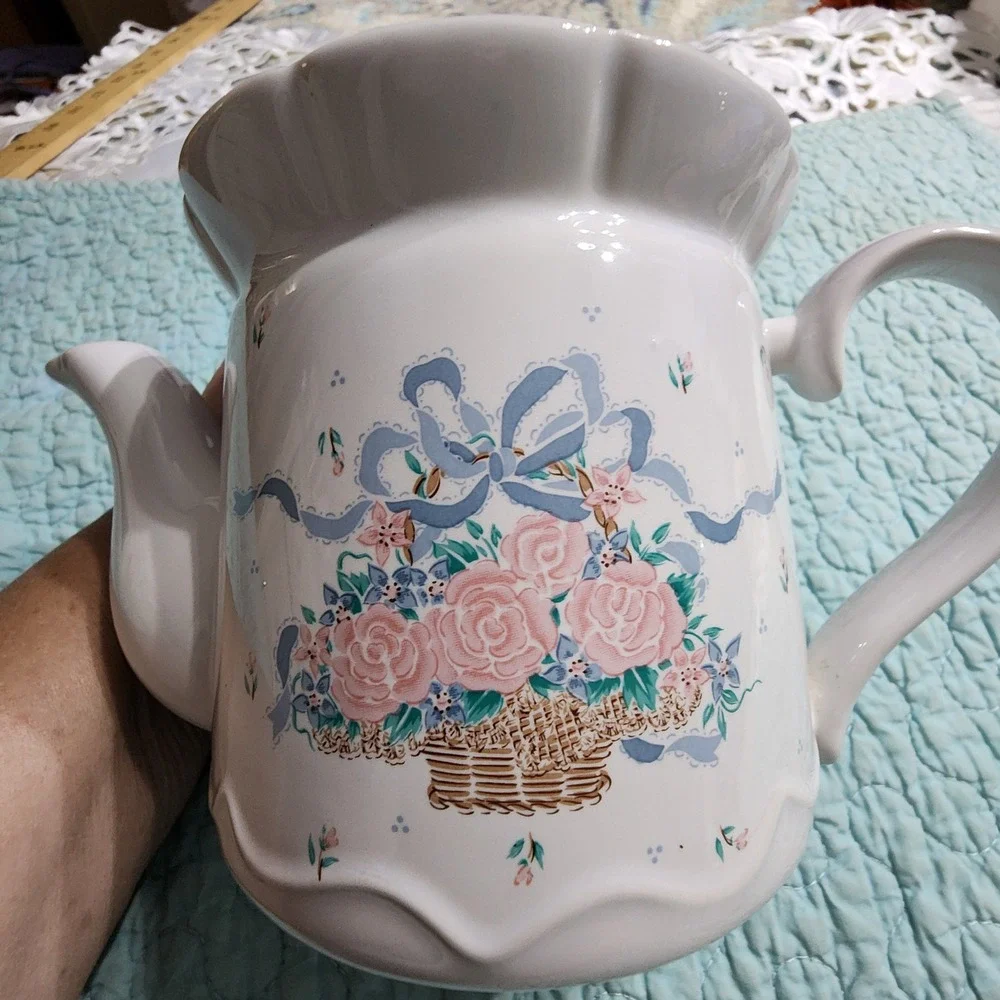 Vintage Floral Basket Ceramic Teapot White Pink Roses Blue Bow Scalloped Trim